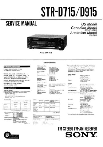 SONY STR-D715 STR-D915 FM STEREO FM AM RECEIVER SERVICE MANUAL INC BLK DIAG PCBS SCHEM DIAGS AND PARTS LIST 36 PAGES ENG