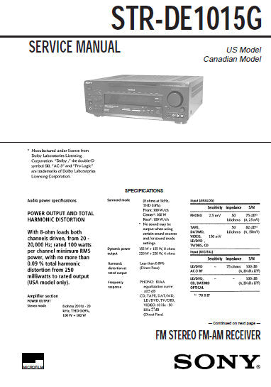 SONY STR-DE1015G FM STEREO FM AM RECEIVER SERVICE MANUAL INC BLK DIAGS PCBS SCHEM DIAGS AND PARTS LIST 76 PAGES ENG