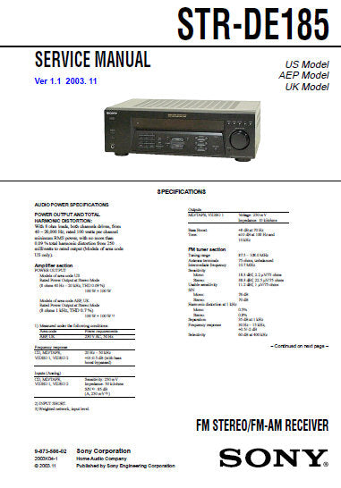 SONY STR-DE185 FM STEREO FM AM RECEIVER SERVICE MANUAL INC BLK DIAGS PCBS SCHEM DIAGS AND PARTS LIST 40 PAGES ENG