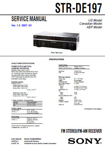 SONY STR-DE197 FM STEREO FM AM RECEIVER SERVICE MANUAL INC BLK DIAGS PCBS SCHEM DIAGS AND PARTS LIST 62 PAGES ENG