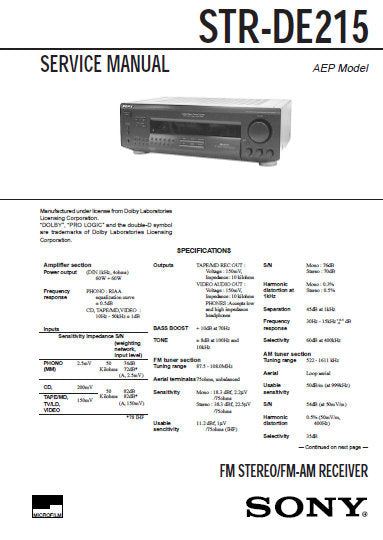 SONY STR-DE215 FM STEREO FM AM RECEIVER SERVICE MANUAL INC PCBS SCHEM DIAGS AND PARTS LIST 12 PAGES ENG