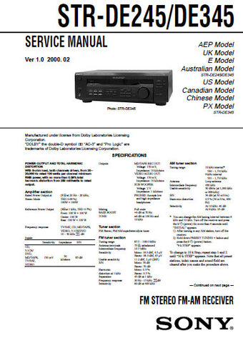 SONY STR-DE245 STR-DE345 FM STEREO FM AM RECEIVER SERVICE MANUAL INC BLK DIAGS PCBS SCHEM DIAGS AND PARTS LIST 32 PAGES ENG