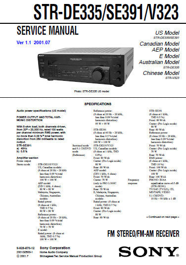 SONY STR-DE335 STR-SE391 STR-V323 FM STEREO FM AM RECEIVER SERVICE MANUAL INC BLK DIAGS PCBS SCHEM DIAGS AND PARTS LIST 45 PAGES ENG