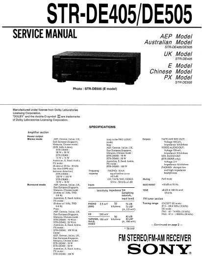 SONY STR-DE405 STR-DE505 FM STEREO FM AM RECEIVER SERVICE MANUAL INC PCBS SCHEM DIAGS AND PARTS LIST 27 PAGES ENG