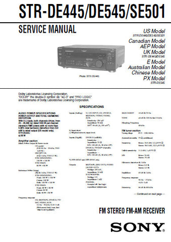 SONY STR-DE445 STR-DE545 STR-SE501 FM STEREO FM AM RECEIVER SERVICE MANUAL INC BLK DIAGS PCBS SCHEM DIAGS AND PARTS LIST 48 PAGES ENG