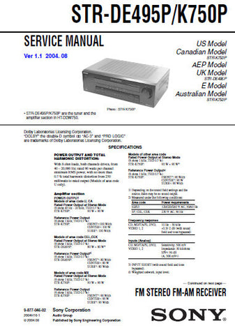 SONY STR-DE495P STR-DE495K STR-DE750P FM STEREO FM AM RECEIVER SERVICE MANUAL INC BLK DIAGS PCBS SCHEM DIAGS AND PARTS LIST 45 PAGES ENG