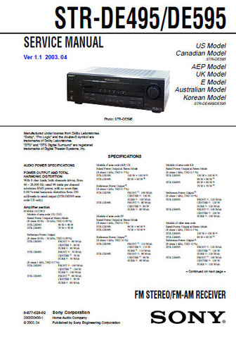 SONY STR-DE495 STR-DE595 FM STEREO FM AM RECEIVER SERVICE MANUAL INC BLK DIAGS PCBS SCHEM DIAGS AND PARTS LIST 54 PAGES ENG