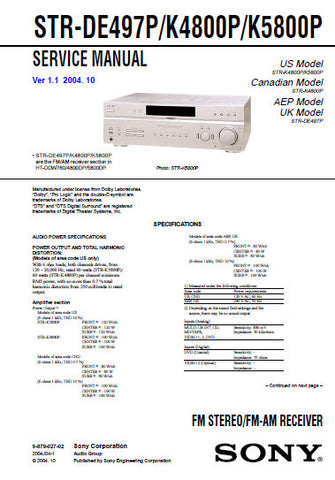 SONY STR-DE497P STR-K4800P STR-K5800P FM STEREO FM AM RECEIVER SERVICE MANUAL INC BLK DIAGS PCBS SCHEM DIAGS AND PARTS LIST 52 PAGES ENG