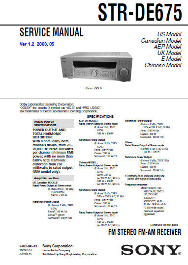 SONY STR-DE675 FM STEREO FM AM RECEIVER SERVICE MANUAL INC BLK DIAGS PCBS SCHEM DIAGS AND PARTS LIST 46 PAGES ENG