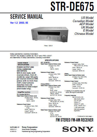 SONY STR-DE675 FM STEREO FM AM RECEIVER SERVICE MANUAL INC BLK DIAGS PCBS SCHEM DIAGS AND PARTS LIST 46 PAGES ENG