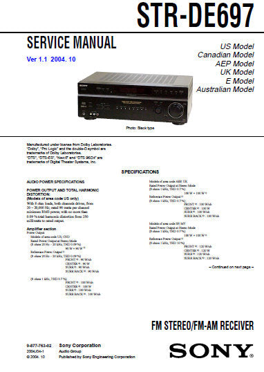 SONY STR-DE697 FM STEREO FM AM RECEIVER SERVICE MANUAL INC BLK DIAGS PCBS SCHEM DIAGS AND PARTS LIST 64 PAGES ENG