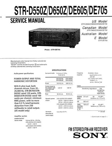 SONY STR-DE705 STR-D650Z STR-D550Z STR-DE605 FM STEREO FM AM RECEIVER SERVICE MANUAL INC PCBS SCHEM DIAGS AND PARTS LIST 33 PAGES ENG
