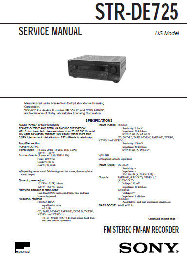 SONY STR-DE725 FM STEREO FM AM RECEIVER SERVICE MANUAL INC BLK DIAGS PCBS SCHEM DIAGS AND PARTS LIST 58 PAGES ENG