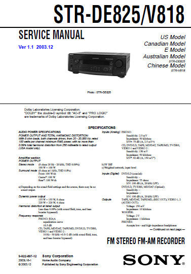 SONY STR-DE825 STR-V818 FM STEREO FM AM RECEIVER SERVICE MANUAL INC BLK DIAGS PCBS SCHEM DIAGS AND PARTS LIST 62 PAGES ENG