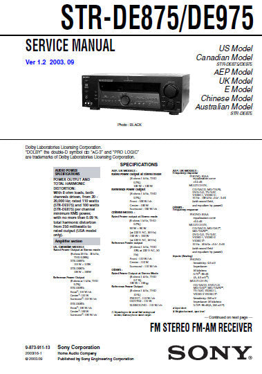 SONY STR-DE875 STR-DE975 FM STEREO FM AM RECEIVER SERVICE MANUAL INC BLK DIAGS PCBS SCHEM DIAGS AND PARTS LIST 58 PAGES ENG