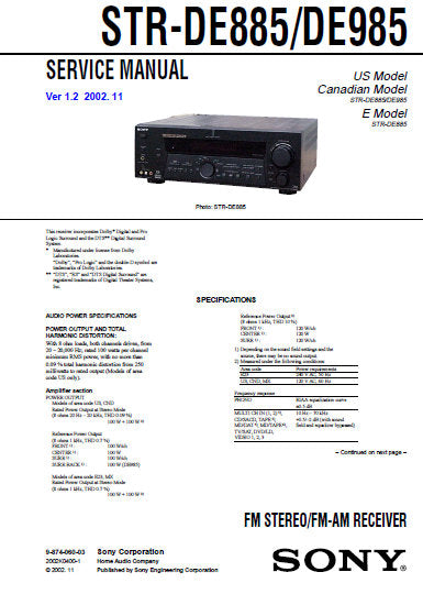 SONY STR-DE885 STR-DE985 FM STEREO FM AM RECEIVER SERVICE MANUAL INC BLK DIAGS PCBS SCHEM DIAGS AND PARTS LIST 84 PAGES ENG