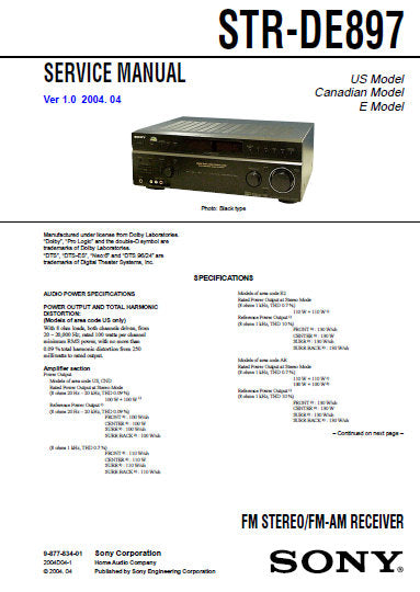 SONY STR-DE897 FM STEREO FM AM RECEIVER SERVICE MANUAL INC BLK DIAGS PCBS SCHEM DIAGS AND PARTS LIST 72 PAGES ENG