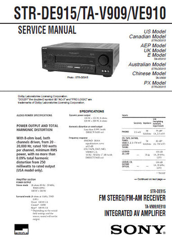 SONY STR-DE915 FM STEREO FM AM RECEIVER TA-V909 TA-V910 INTEGRATED AV AMPLIFIER SERVICE MANUAL INC BLK DIAGS PCBS SCHEM DIAGS AND PARTS LIST 169 PAGES ENG