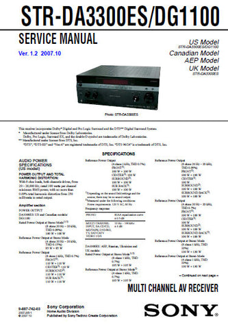 SONY STR-DG1100 STR-DA3300ES MULTICHANNEL AV RECEIVER SERVICE MANUAL INC BLK DIAGS PCBS SCHEM DIAGS AND PARTS LIST 242 PAGES ENG