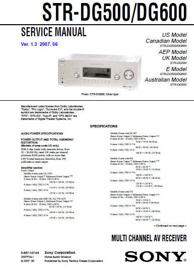 SONY STR-DG500 STR-DG600 MULTICHANNEL AV RECEIVER SERVICE MANUAL INC BLK DIAGS PCBS SCHEM DIAGS AND PARTS LIST 102 PAGES ENG