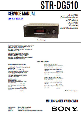 SONY STR-DG510 MULTICHANNEL AV RECEIVER SERVICE MANUAL INC BLK DIAGS PCBS SCHEM DIAGS AND PARTS LIST 66 PAGES ENG