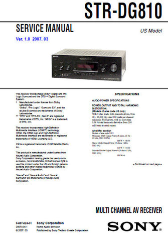 SONY STR-DG810 MULTICHANNEL AV RECEIVER SERVICE MANUAL INC BLK DIAGS PCBS SCHEM DIAGS AND PARTS LIST 82 PAGES ENG