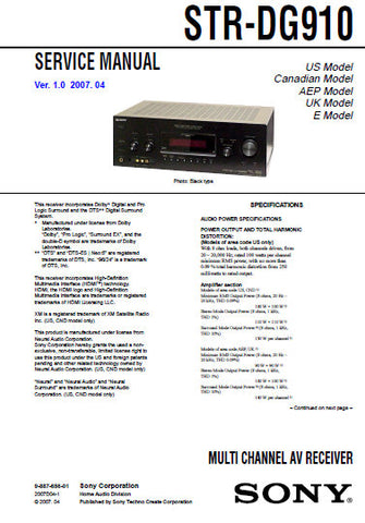 SONY STR-DG910 MULTICHANNEL AV RECEIVER SERVICE MANUAL INC BLK DIAGS PCBS SCHEM DIAGS AND PARTS LIST 106 PAGES ENG