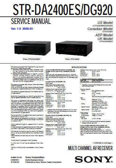 SONY STR-DG920 STR-DA2400ES MULTICHANNEL AV RECEIVER SERVICE MANUAL INC BLK DIAGS PCBS SCHEM DIAGS AND PARTS LIST 144 PAGES ENG