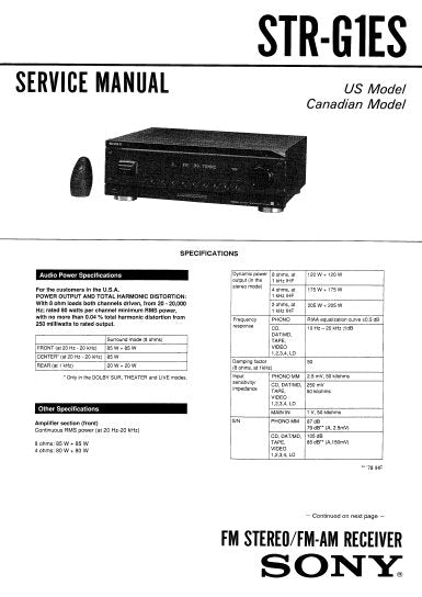 SONY STR-G1ES FM STEREO FM AM RECEIVER SERVICE MANUAL INC PCBS SCHEM DIAGS AND PARTS LIST 62 PAGES ENG