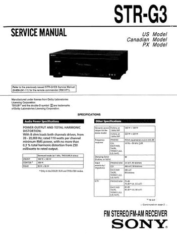 SONY STR-G3 FM STEREO FM AM RECEIVER SERVICE MANUAL INC BLK DIAGS PCBS SCHEM DIAGS AND PARTS LIST 39 PAGES ENG