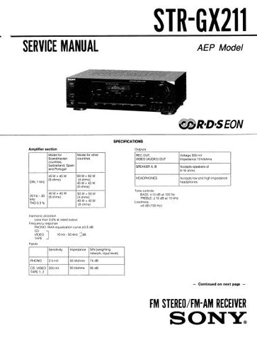 SONY STR-GX211 FM STEREO FM AM RECEIVER SERVICE MANUAL INC BLK DIAG PCBS SCHEM DIAGS AND PARTS LIST 20 PAGES ENG