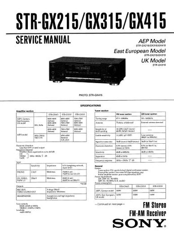 SONY STR-GX215 STR-GX315 STR-GX415 FM STEREO FM AM RECEIVER SERVICE MANUAL INC BLK DIAG PCBS SCHEM DIAGS AND PARTS LIST 28 PAGES ENG