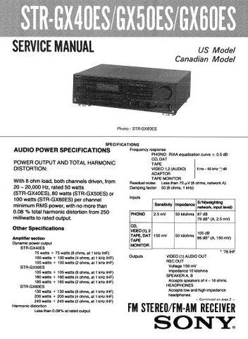 SONY STR-GX40ES STR-GX50ES STR-GX60ES FM STEREO FM AM RECEIVER SERVICE MANUAL INC BLK DIAGS PCBS SCHEM DIAGS AND PARTS LIST 41 PAGES ENG