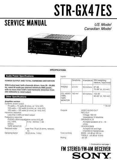 SONY STR-GX47ES FM STEREO FM AM RECEIVER SERVICE MANUAL INC BLK DIAG PCBS SCHEM DIAGS AND PARTS LIST 33 PAGES ENG