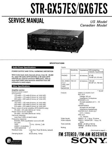 SONY STR-GX57ES STR-67ES FM STEREO FM AM RECEIVER SERVICE MANUAL INC BLK DIAG PCBS SCHEM DIAGS AND PARTS LIST 40 PAGES ENG