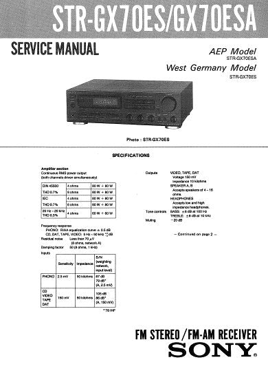 SONY STR-GX70ES STR-70ESA FM STEREO FM AM RECEIVER SERVICE MANUAL INC PCBS SCHEM DIAGS AND PARTS LIST 33 PAGES ENG