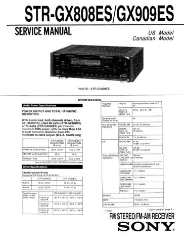 SONY STR-GX808ES STR-GX909ES FM STEREO FM AM RECEIVER SERVICE MANUAL INC PCBS SCHEM DIAGS AND PARTS LIST 49 PAGES ENG