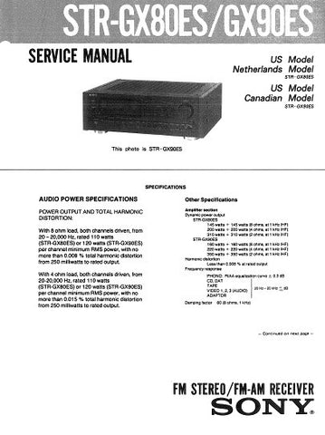 SONY STR-GX80ES STR-90ES FM STEREO FM AM RECEIVER SERVICE MANUAL INC BLK DIAG PCBS SCHEM DIAGS AND PARTS LIST 40 PAGES ENG