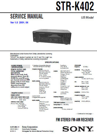 SONY STR-K402 FM STEREO FM AM RECEIVER SERVICE MANUAL INC BLK DIAGS PCBS SCHEM DIAGS AND PARTS LIST 36 PAGES ENG