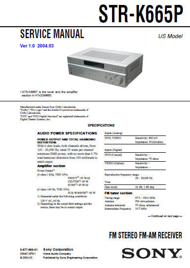 SONY STR-K665P FM STEREO FM AM RECEIVER SERVICE MANUAL INC BLK DIAGS PCBS SCHEM DIAGS AND PARTS LIST 42 PAGES ENG