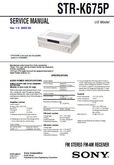 SONY STR-K675P FM STEREO FM AM RECEIVER SERVICE MANUAL INC BLK DIAGS PCBS SCHEM DIAGS AND PARTS LIST 46 PAGES ENG