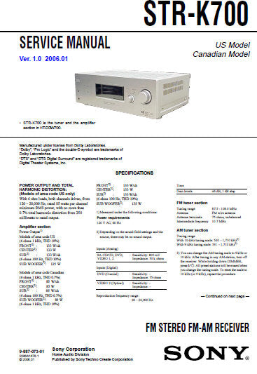 SONY STR-K700 FM STEREO FM AM RECEIVER SERVICE MANUAL INC BLK DIAGS PCBS SCHEM DIAGS AND PARTS LIST 46 PAGES ENG