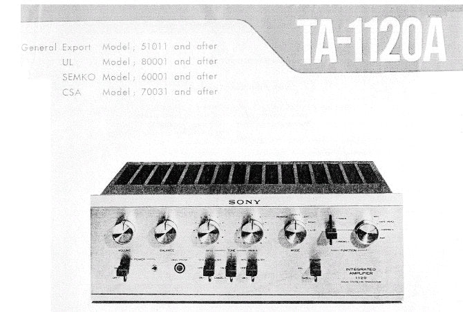 SONY TA-1120A INTEGRATED STEREO AMPLIFIER SERVICE MANUAL INC BLK DIAG LEVEL DIAG TRSHOOT GUIDE PCBS AND SCHEM DIAG 26 PAGES ENG