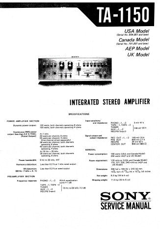 SONY TA-1150 INTEGRATED STEREO AMPLIFIER SERVICE MANUAL INC BLK DIAG LEVEL DIAG PCBS SCHEM DIAG AND PARTS LIST 19 PAGES ENG