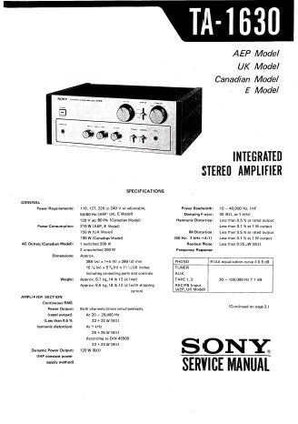 SONY TA-1630 INTEGRATED STEREO AMPLIFIER SERVICE MANUAL INC BLK DIAG PCBS SCHEM DIAG AND PARTS LIST 10 PAGES ENG