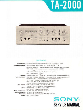 SONY TA-2000 STEREO PREAMPLIFIER SERVICE MANUAL INC BLK DIAG LEVEL DIAG SCHEM DIAGS PCBS AND PARTS LIST 37 PAGES ENG