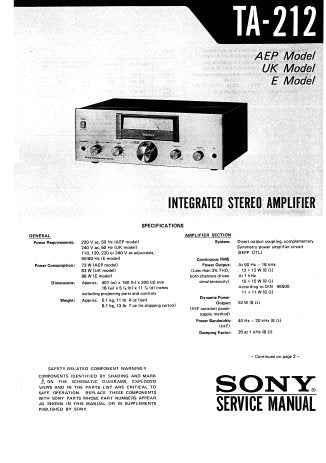 SONY TA-212 INTEGRATED STEREO AMPLIFIER SERVICE MANUAL INC BLK DIAG PCBS SCHEM DIAG AND PARTS LIST 14 PAGES ENG