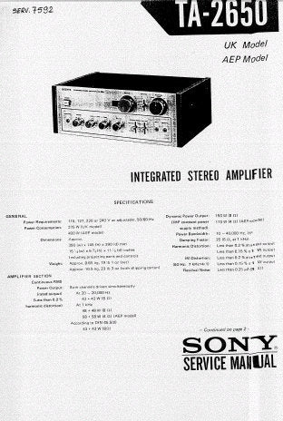 SONY TA-2650 INTEGRATED STEREO AMPLIFIER SERVICE MANUAL INC BLK DIAG PCBS SCHEM DIAG AND PARTS LIST 13 PAGES ENG