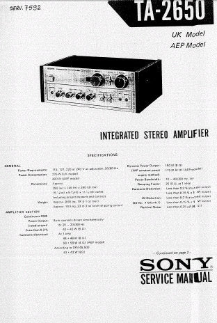SONY TA-2650 INTEGRATED STEREO AMPLIFIER SERVICE MANUAL INC BLK DIAG PCBS SCHEM DIAG AND PARTS LIST 13 PAGES ENG