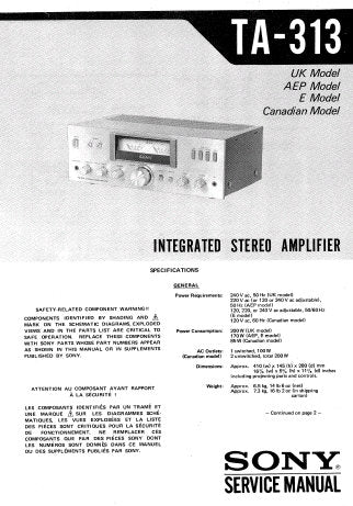 SONY TA-313 INTEGRATED STEREO AMPLIFIER SERVICE MANUAL INC BLK DIAG PCBS SCHEM DIAG AND PARTS LIST 10 PAGES ENG